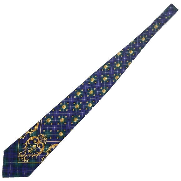 Vintage Versace Tie Mens Silk Purple Gold Plaid Baroque Print Necktie Designer - Picture 12 of 13